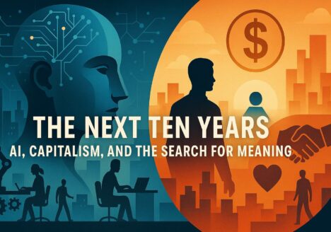 A stylized, split-color illustration divided vertically into a blue-toned left half and an orange-toned right half. On the left, a large human profile merges with a circuit-board pattern, evoking an AI “mind,” while smaller human figures work at desks and walk past robotic machinery in a futuristic cityscape. On the right, an orange skyline frames a silhouetted person standing beneath a large dollar-sign icon, a shaking-hands symbol, and a heart, suggesting themes of economics, relationships, and purpose. Centered across both sides is the bold title text: “THE NEXT TEN YEARS: AI, CAPITALISM, AND THE SEARCH FOR MEANING.”