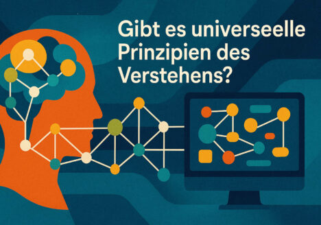 Illustration eines menschlichen Kopfes mit Netzwerkstruktur, die sich zu einem Monitor mit ähnlichem Muster fortsetzt; Text: „Gibt es universelle Prinzipien des Verstehens?“